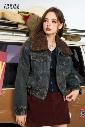 ELFSACK 2024 Winter New Arrivals Women's Retro Blue Denim Jacket with Fur Collar and Contrast Color