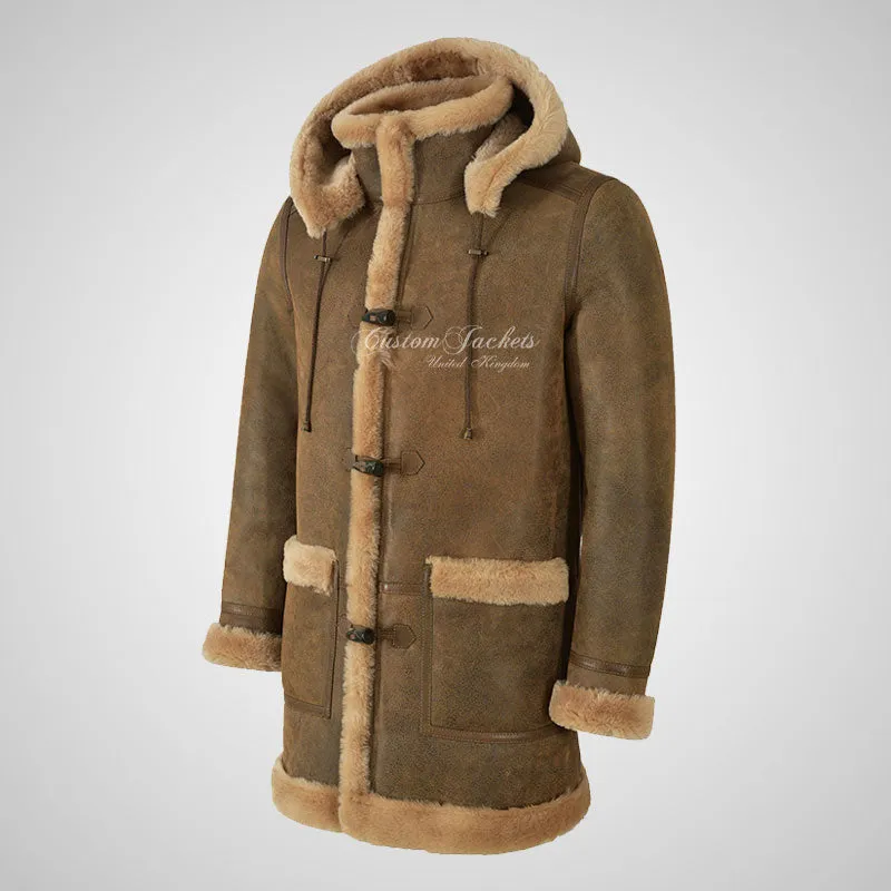 FARGO Men's Shearling Duffle Coat Sheepskin Fur Coat Removable Hood