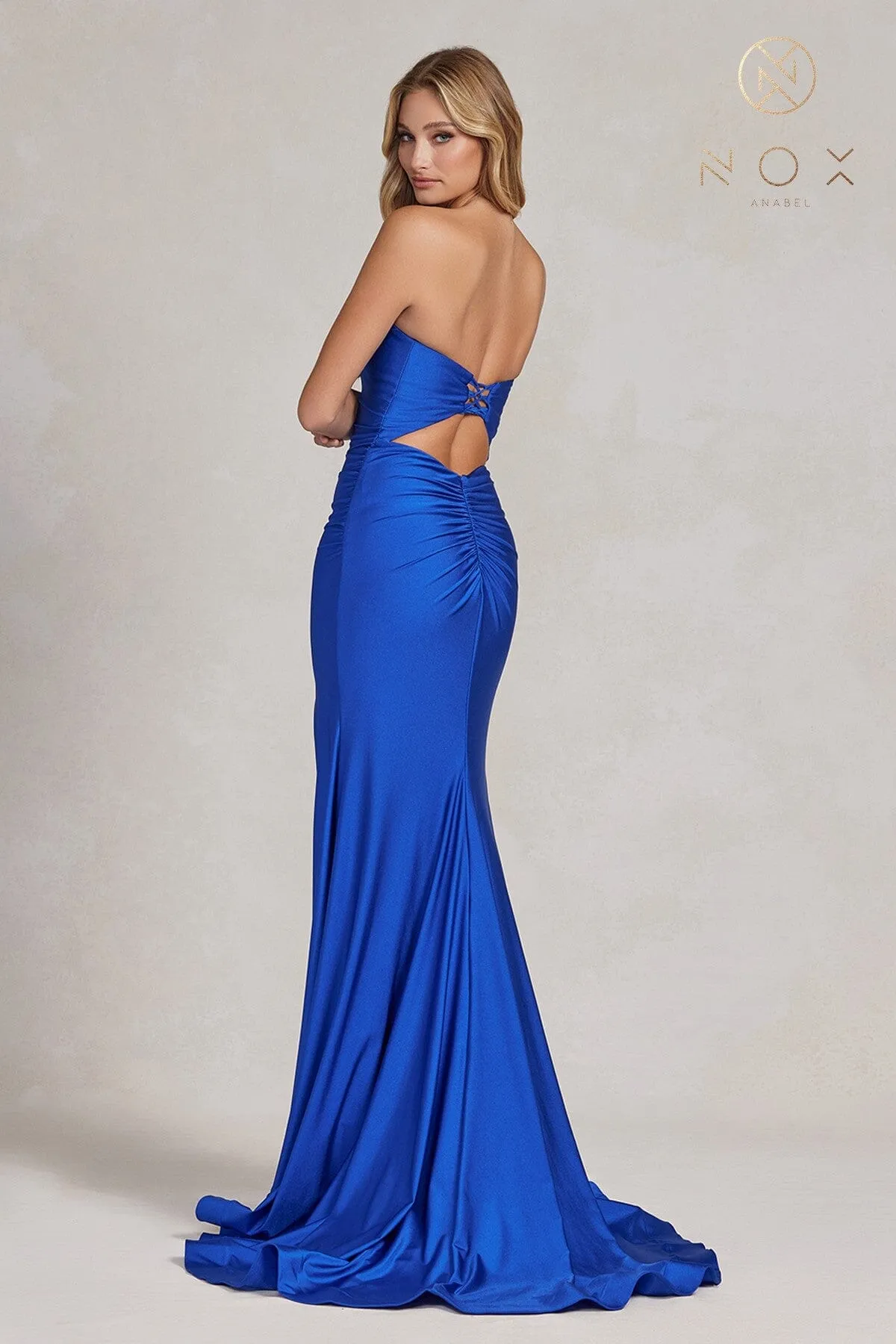 Fitted Strapless Slit Gown by Nox Anabel T1139