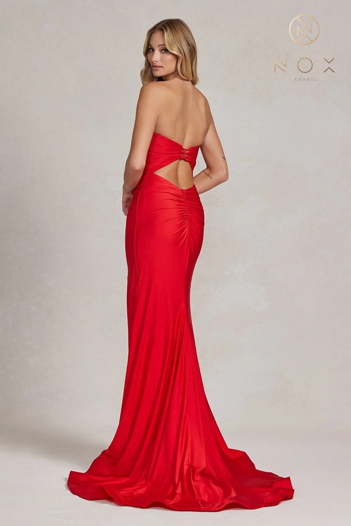 Fitted Strapless Slit Gown by Nox Anabel T1139