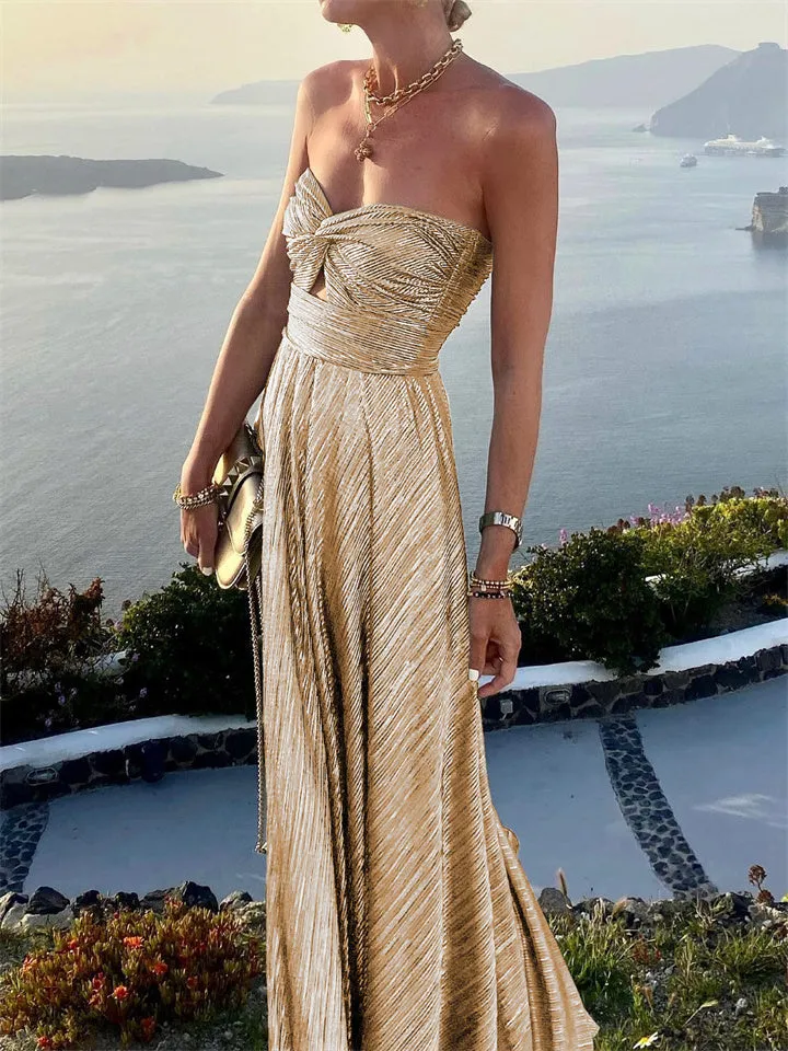 Flytonn-Graduation Gift Back to School Season Summer Vacation Dress Spring Outfit Spring and Summer New Sexy Wrap Hot Gold Party Temperament Elegant Dress Collarless Casual Swing Long Dress Celebrity Wind Dress