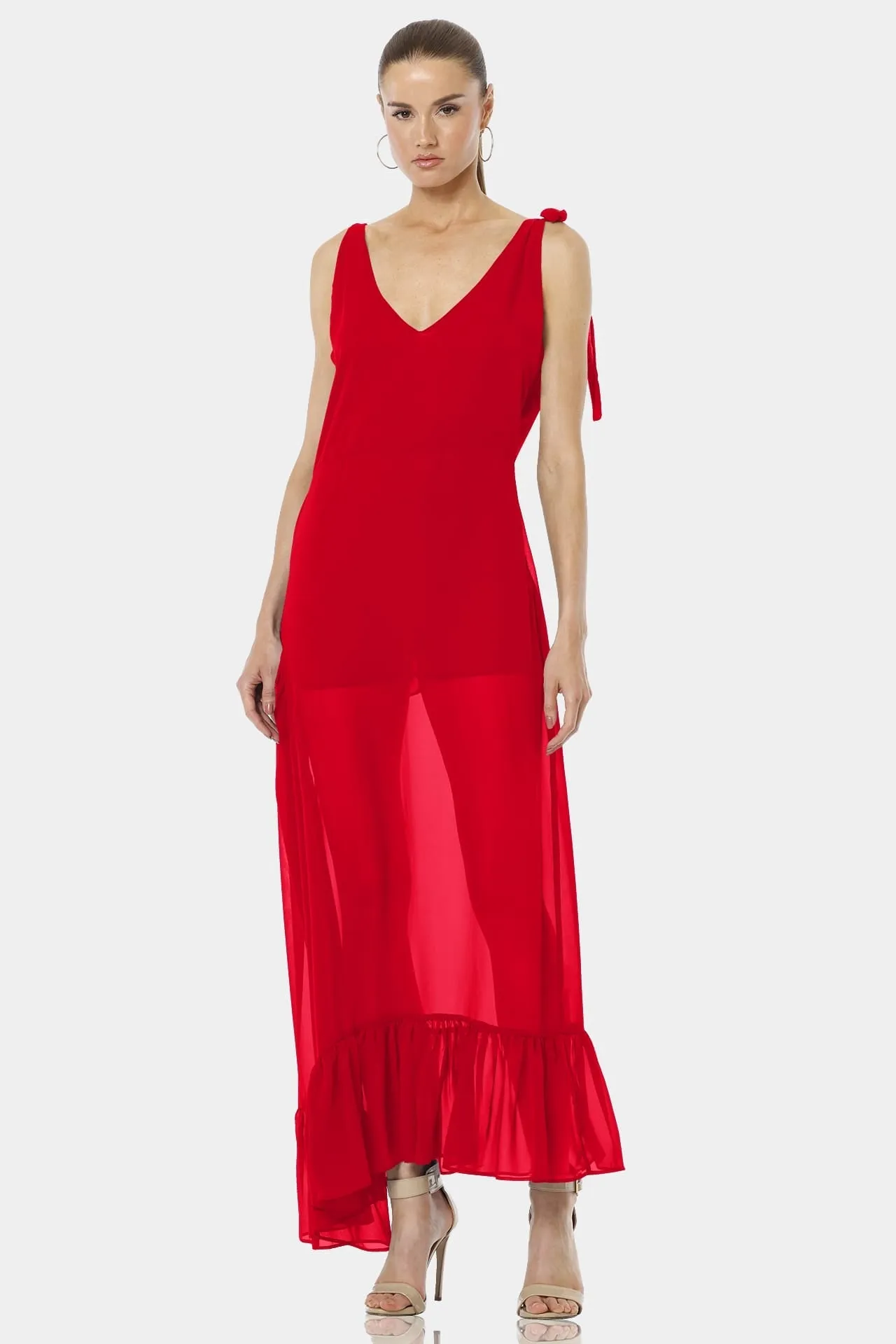 Garden Long Sexy Red See Through Dress With Ruffle Bottom