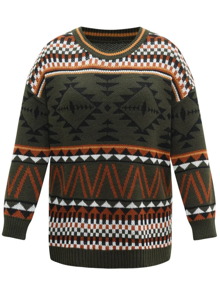 Geometric Contrast Crew Neck Drop Shoulder Pullover