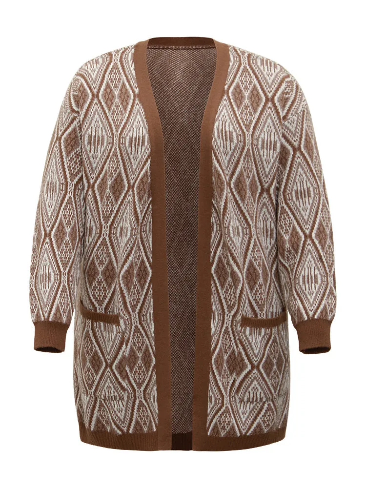 Geometric Graphic Patched Pocket Jacquard Cardigan