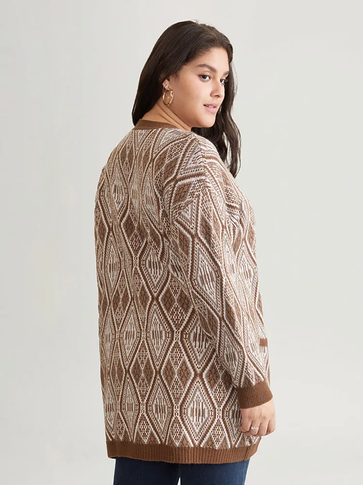 Geometric Graphic Patched Pocket Jacquard Cardigan