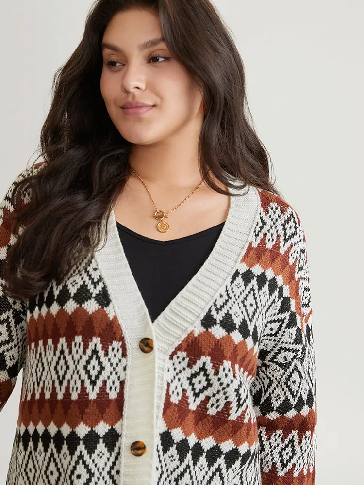 Geometric Jacquard Pocket Button Up Cardigan