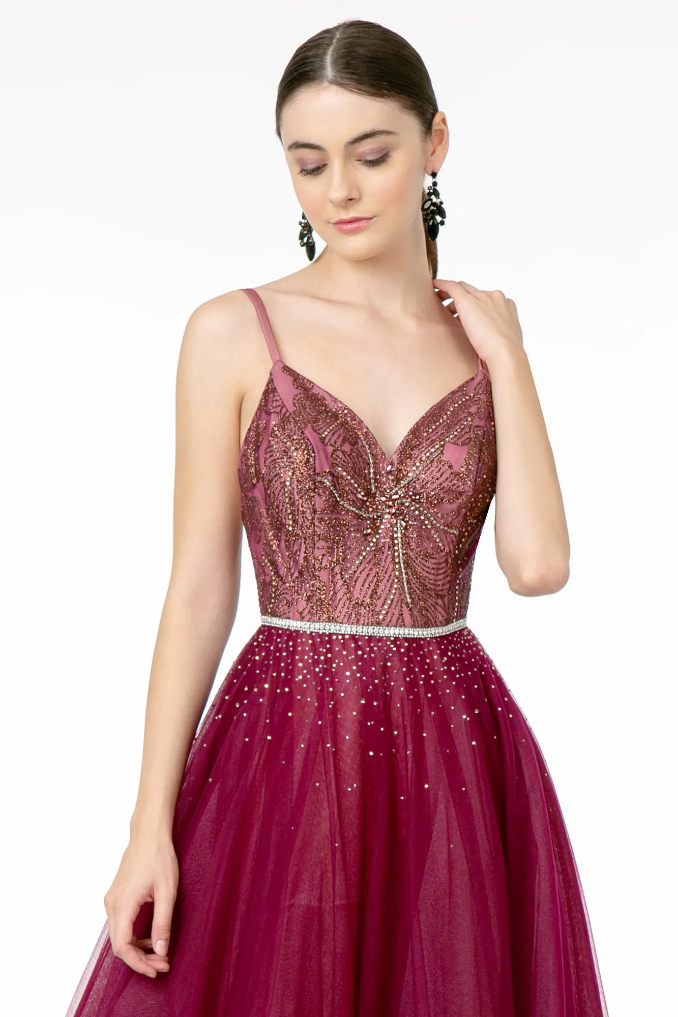 GL 2991 - A-Line Ball Gown with Beaded Bodice Layered Tulle Skirt & Rhinestone Belt