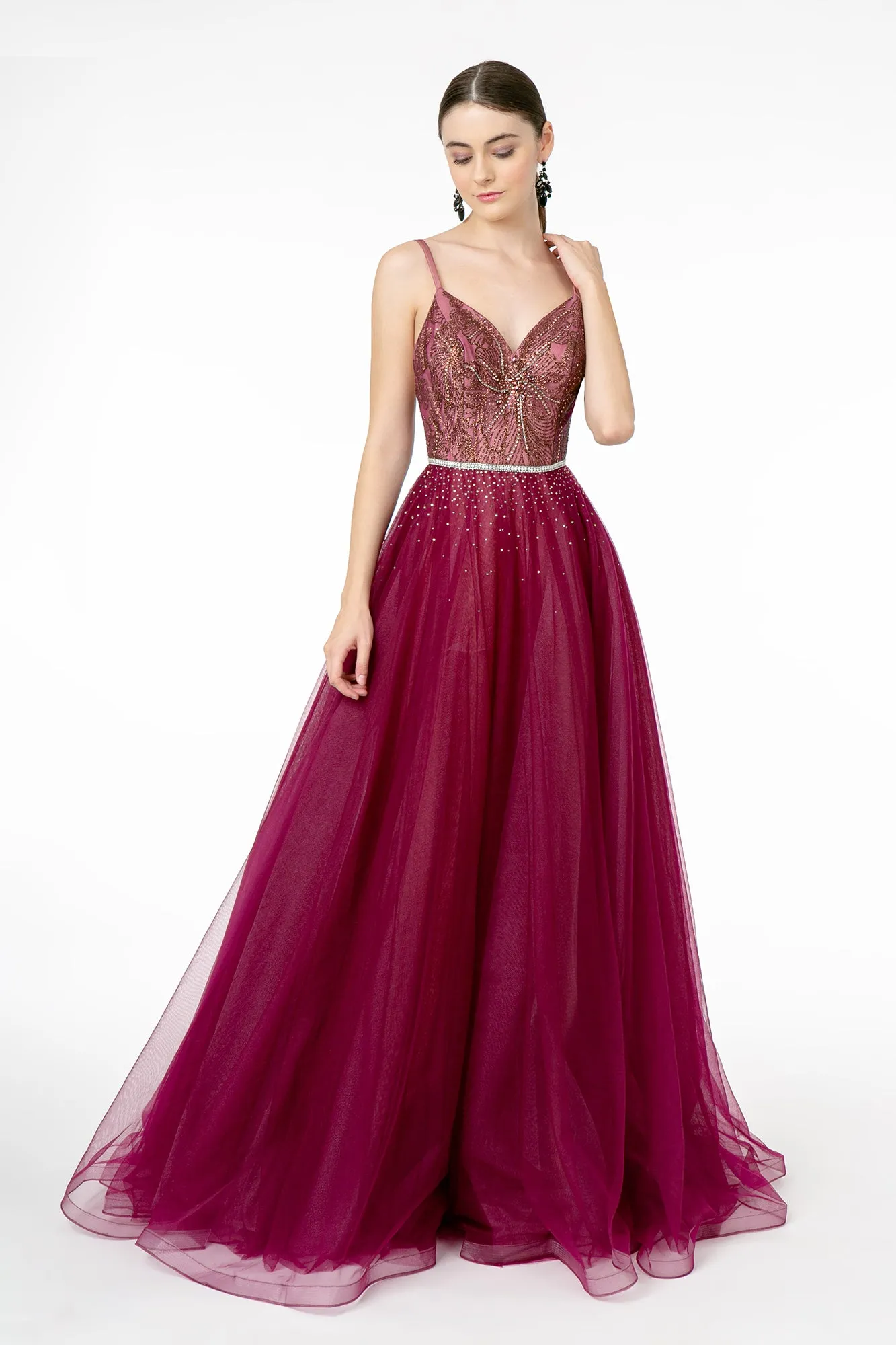 GL 2991 - A-Line Ball Gown with Beaded Bodice Layered Tulle Skirt & Rhinestone Belt