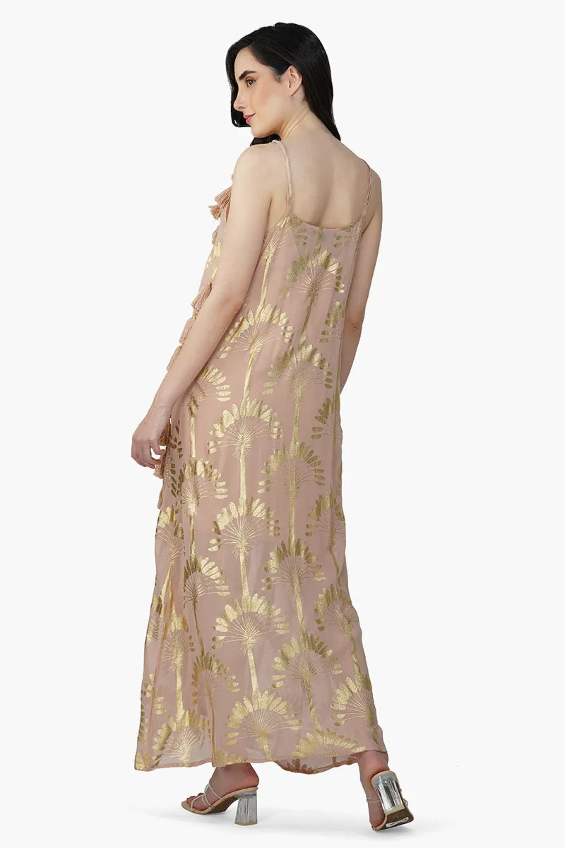 Golden Taupe Foil Printed Strap Maxi Dress