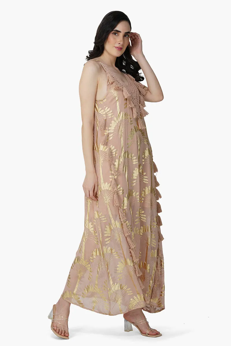 Golden Taupe Foil Printed Strap Maxi Dress