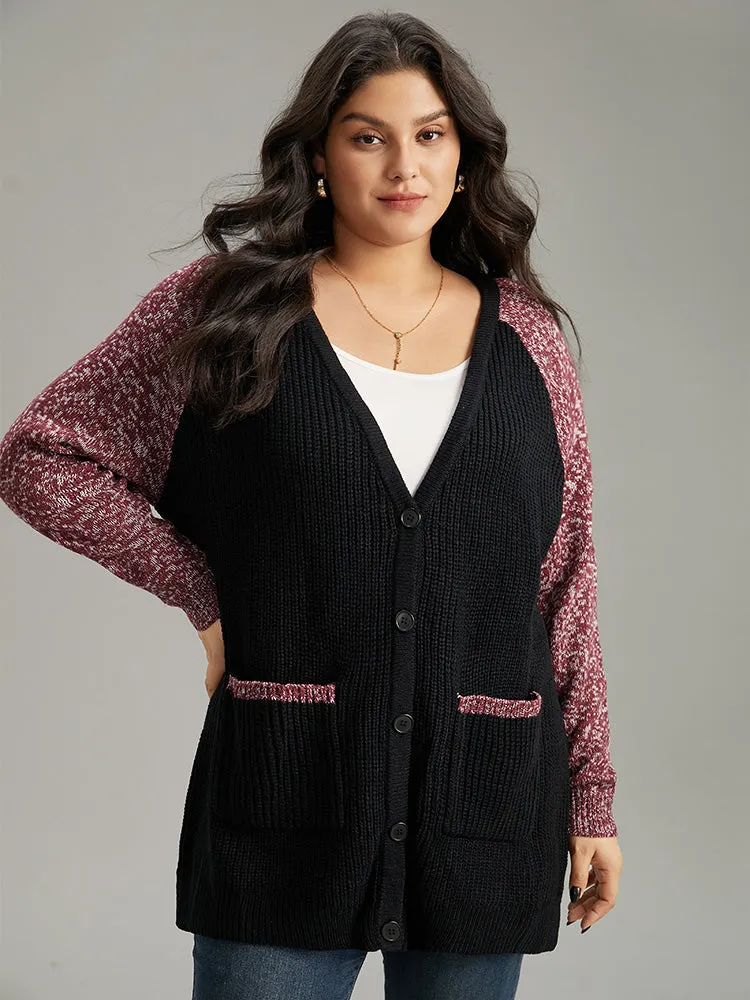 Heather Patchwork Raglan Sleeve Pocket Cardigan