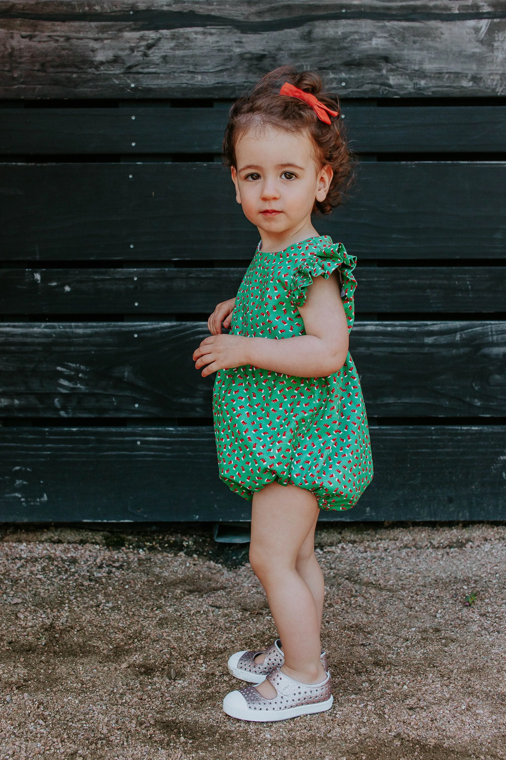 Infant Girl's Red and Green Santa's Stocking Print Bubble Romper