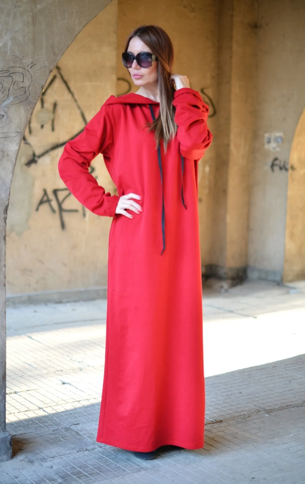 IREN Autumn Red Hooded  Maxi Dress