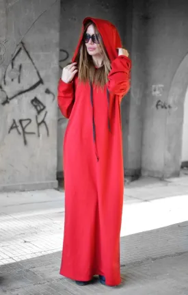 IREN Autumn Red Hooded  Maxi Dress