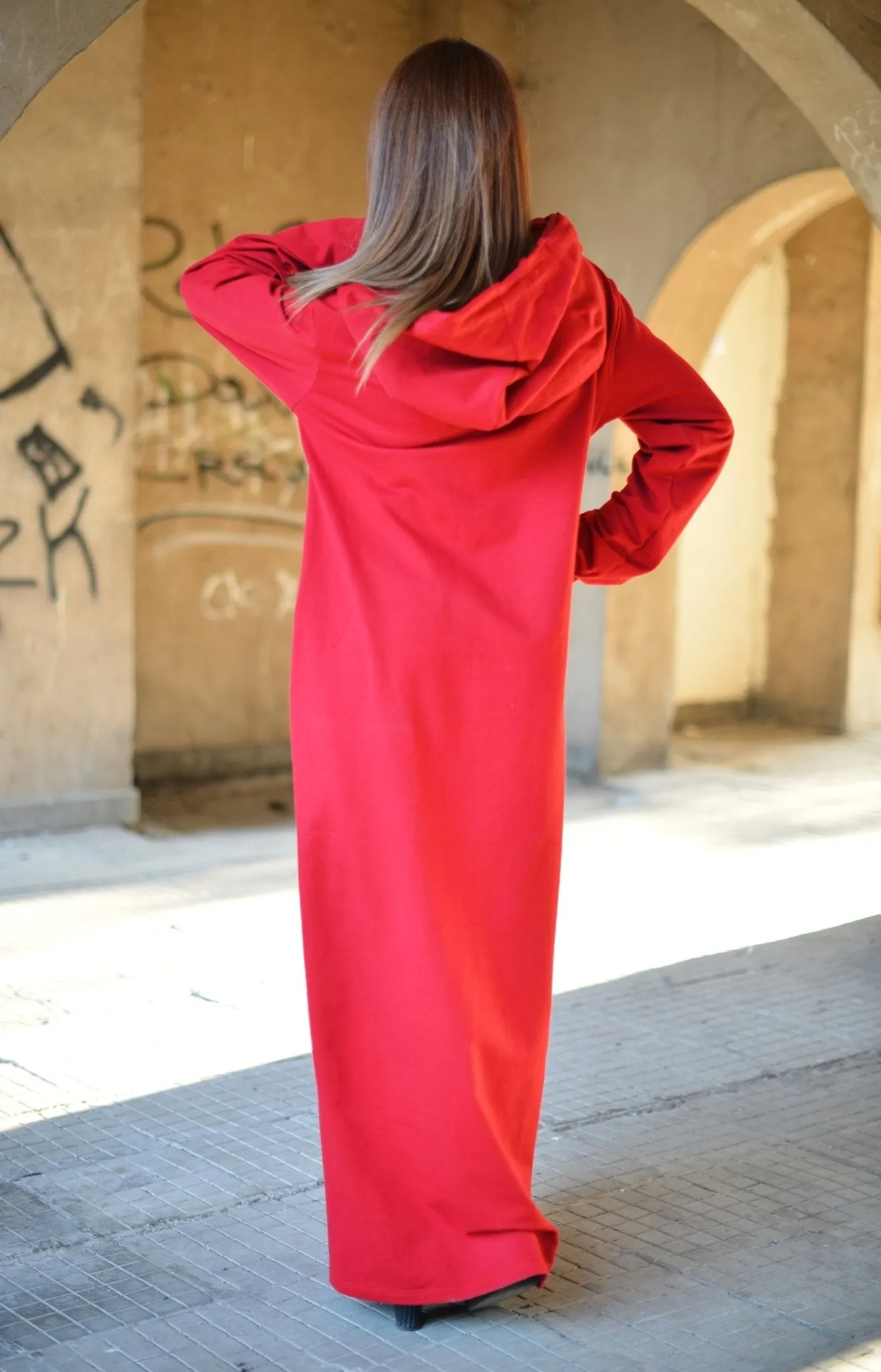 IREN Autumn Red Hooded  Maxi Dress