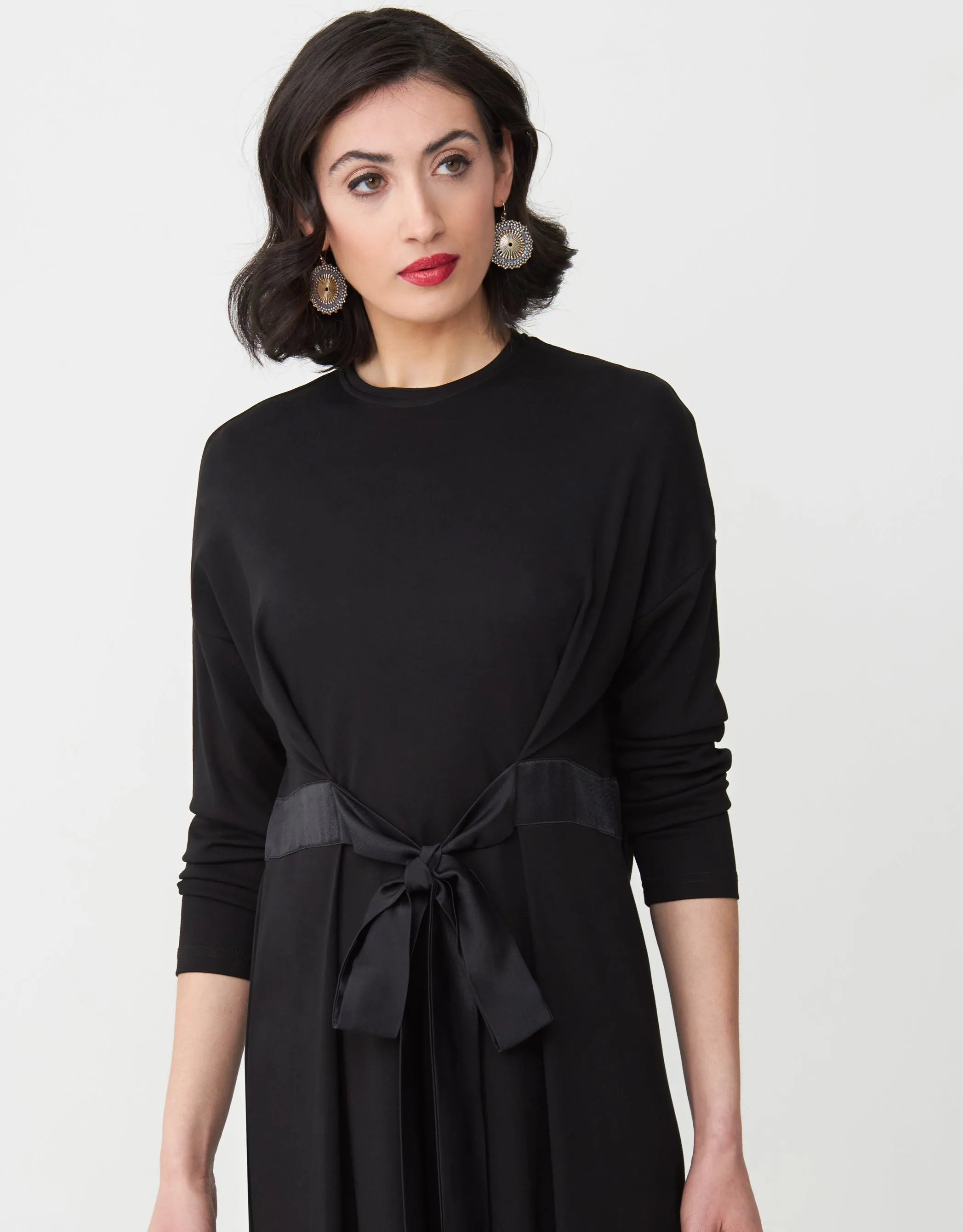 Jersey Crew Shift with Satin Ribbon Waist Tie