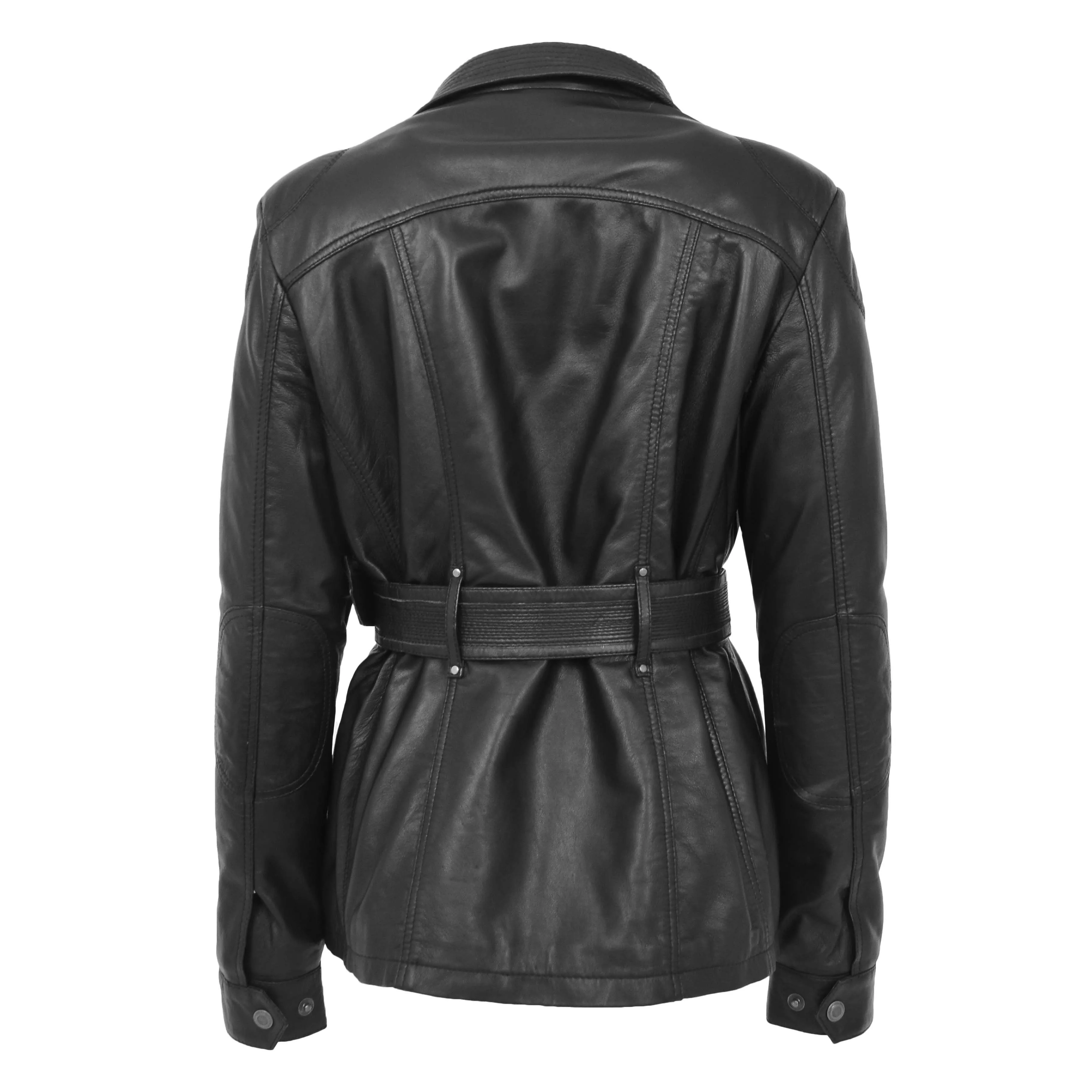 Ladies Black Leather Duffle Coat Belted Removable Hood Parka Jacket Sarah