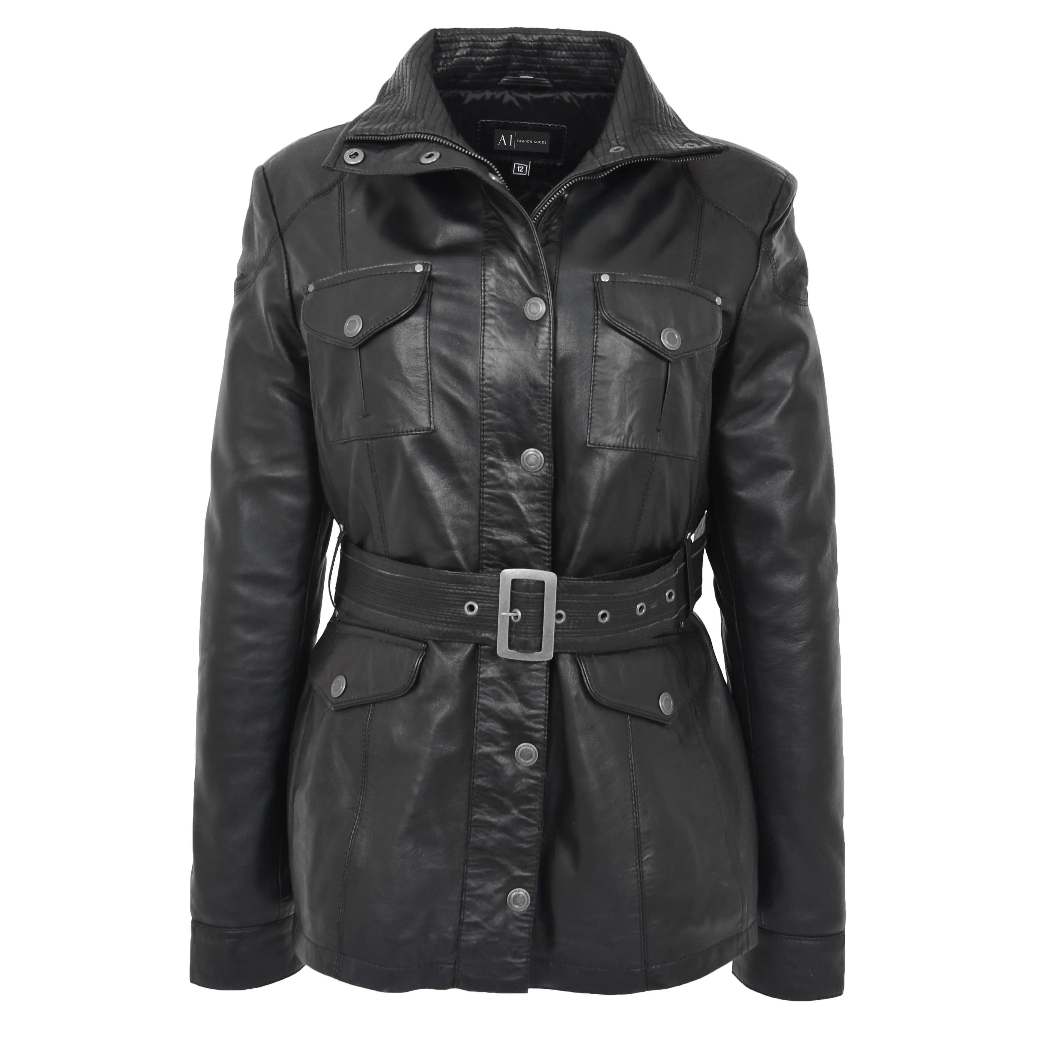 Ladies Black Leather Duffle Coat Belted Removable Hood Parka Jacket Sarah