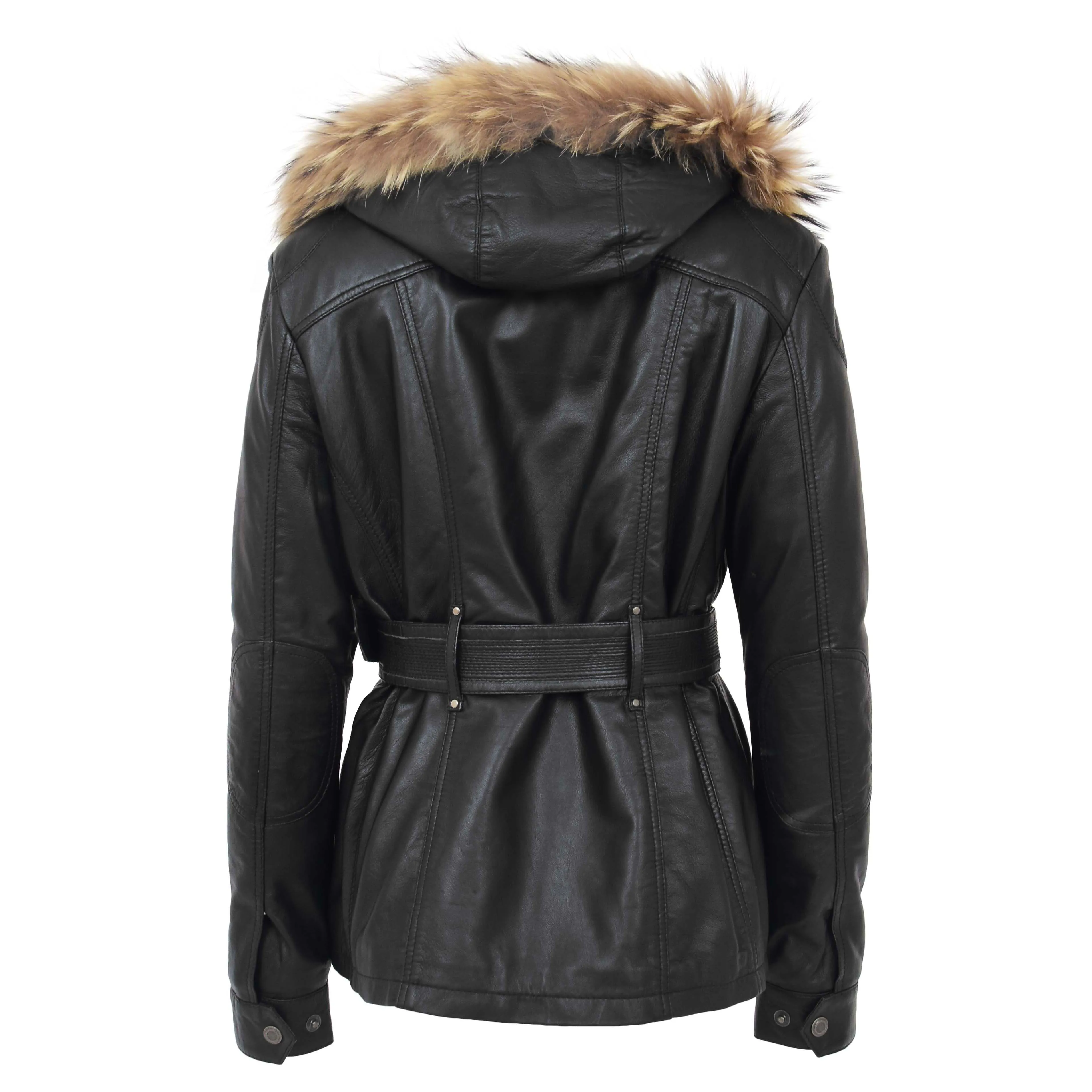 Ladies Black Leather Duffle Coat Belted Removable Hood Parka Jacket Sarah