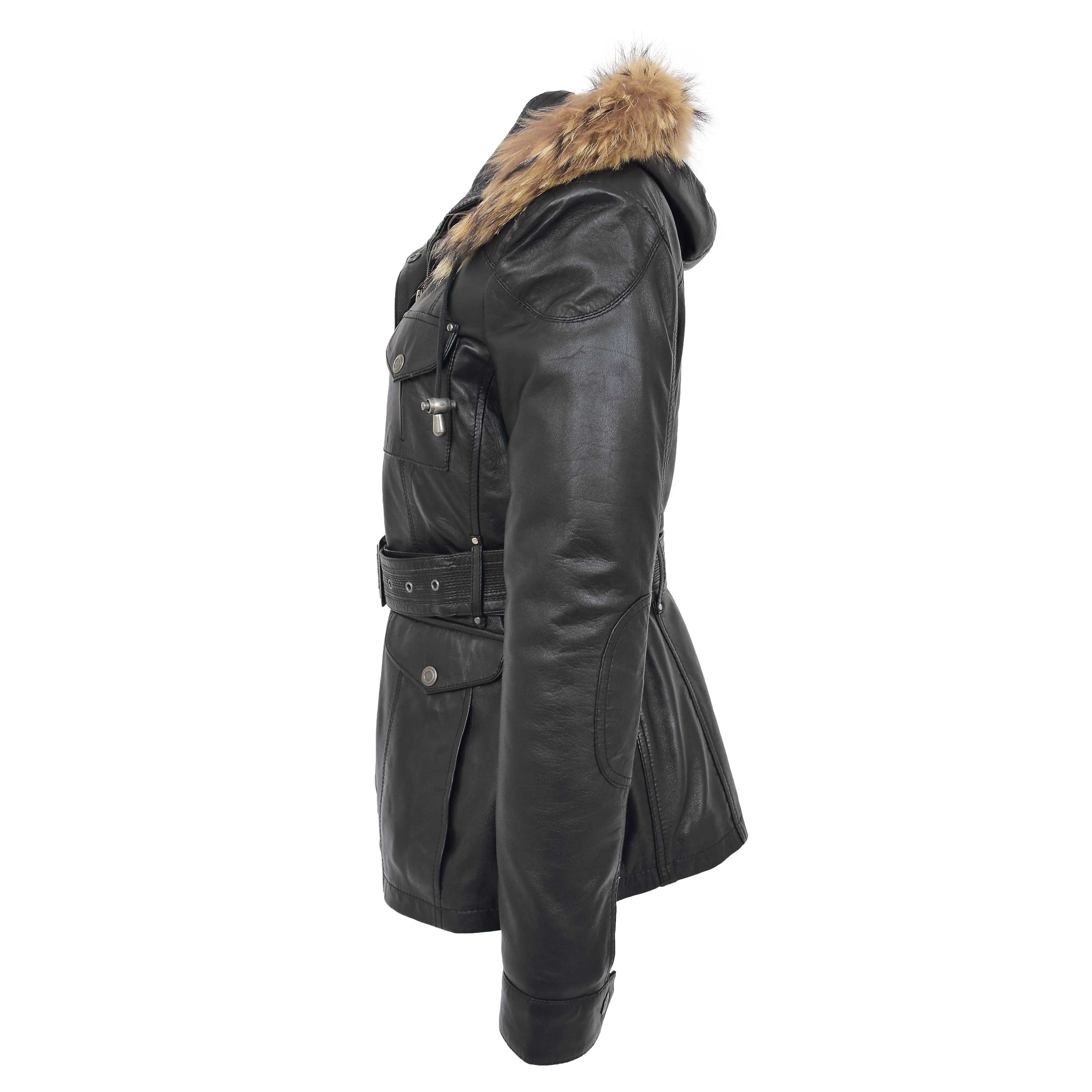 Ladies Black Leather Duffle Coat Belted Removable Hood Parka Jacket Sarah