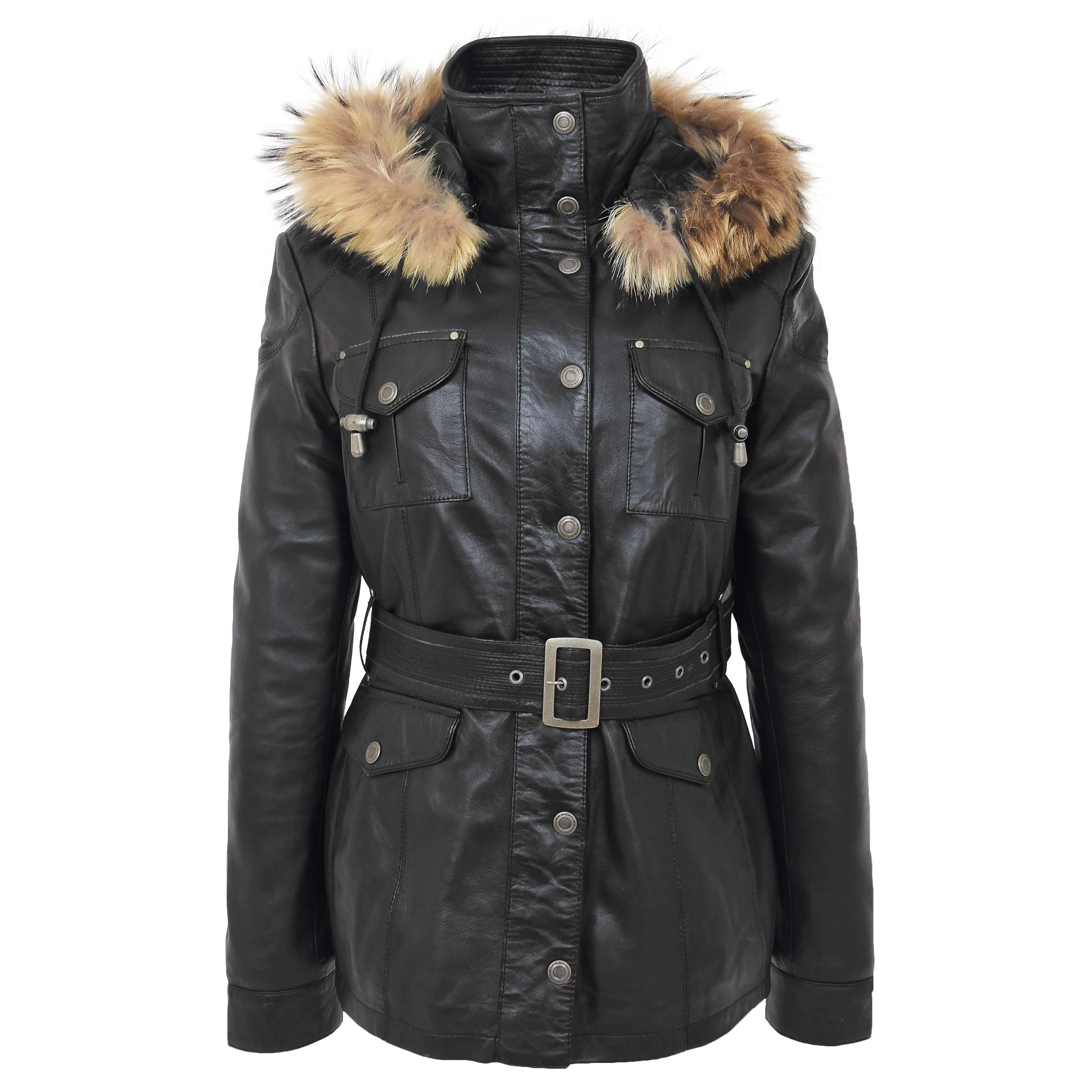 Ladies Black Leather Duffle Coat Belted Removable Hood Parka Jacket Sarah