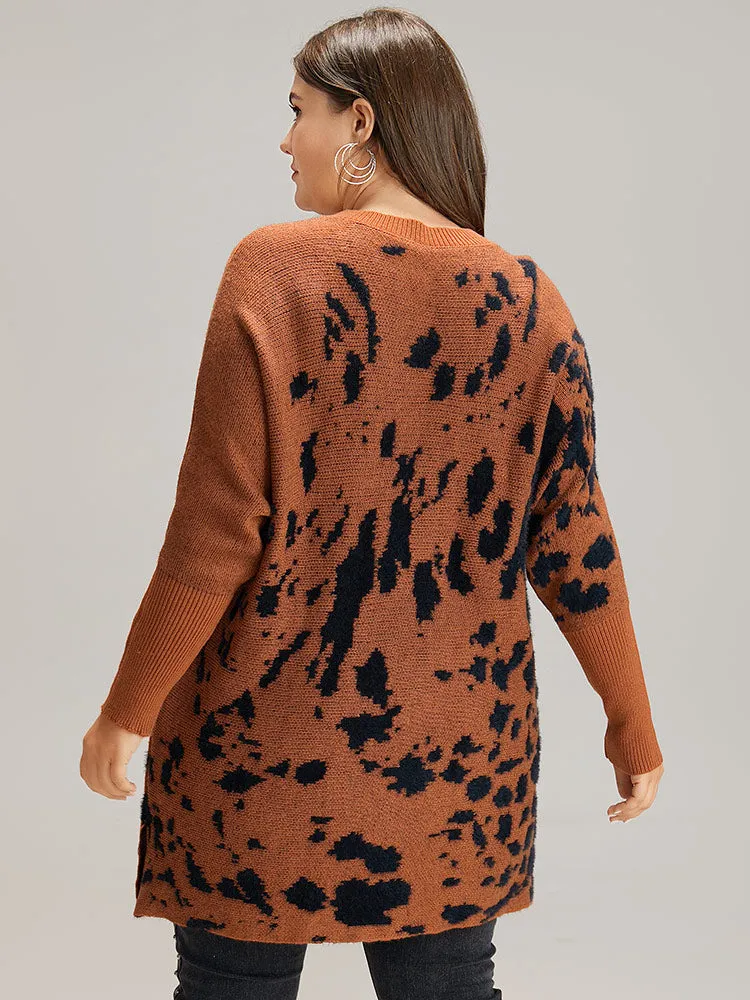 Leopard Batwing Sleeve Split Hem Pullover