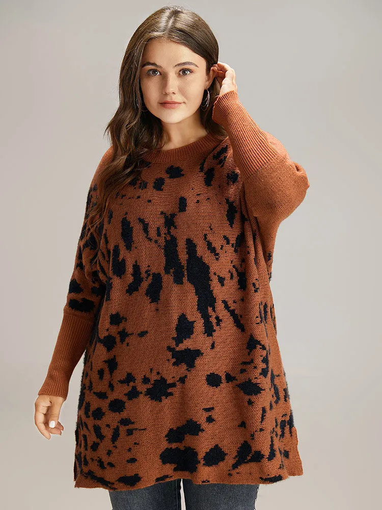 Leopard Batwing Sleeve Split Hem Pullover