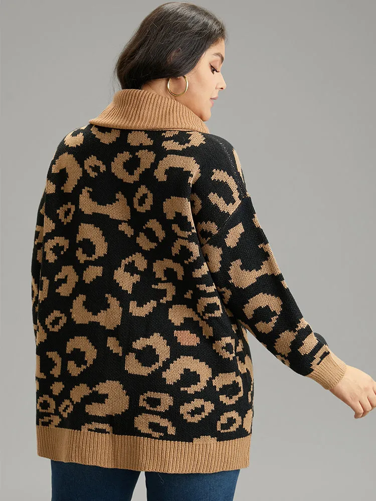 Leopard Contrast Jacquard Turtleneck Pullover