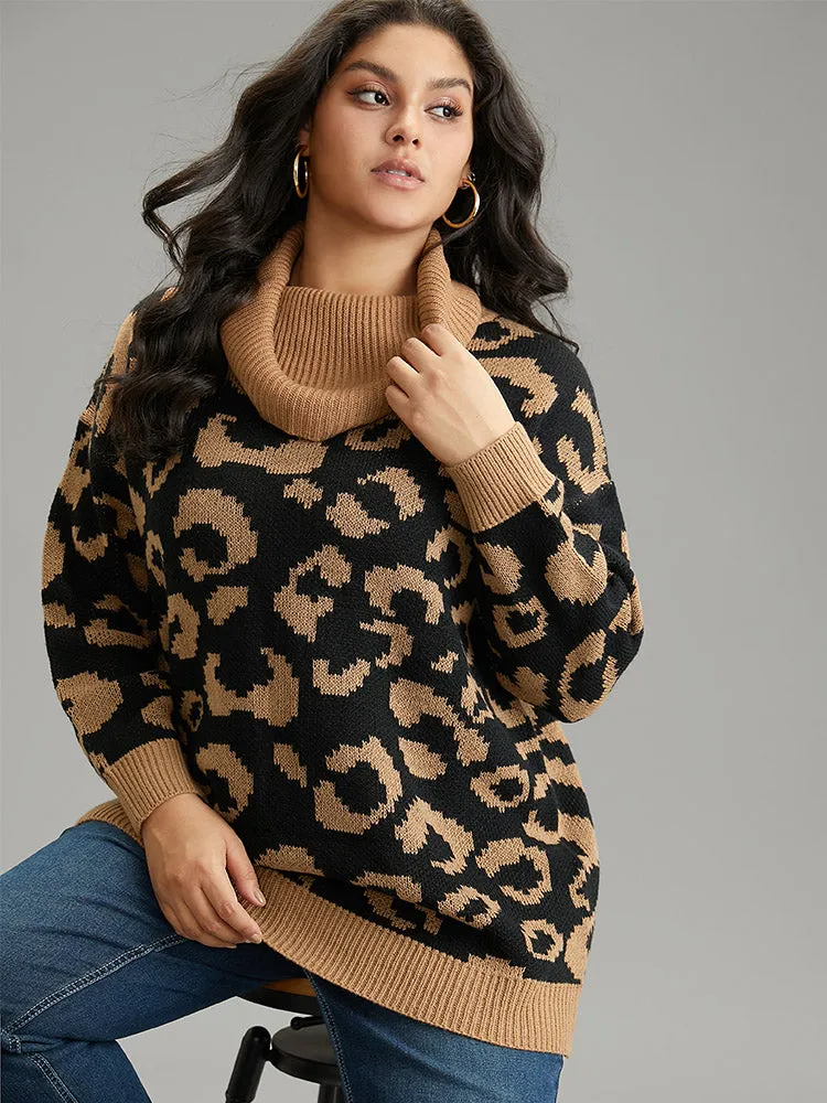 Leopard Contrast Jacquard Turtleneck Pullover