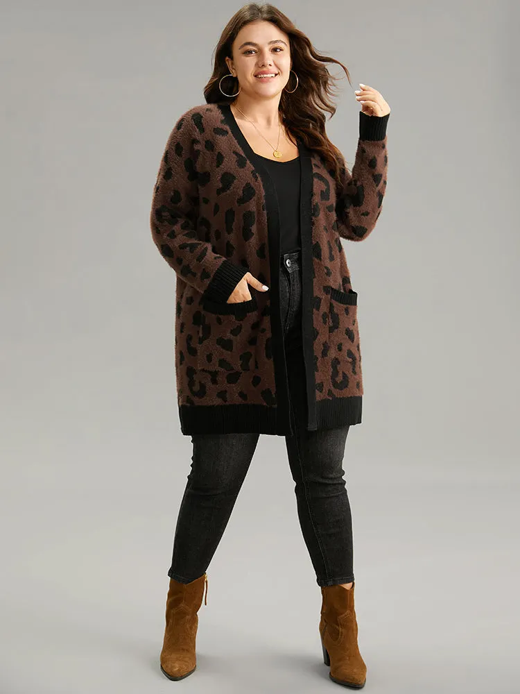 Leopard Contrast Open Front Jacquard Cardigan