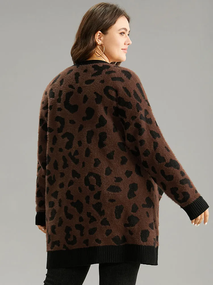 Leopard Contrast Open Front Jacquard Cardigan