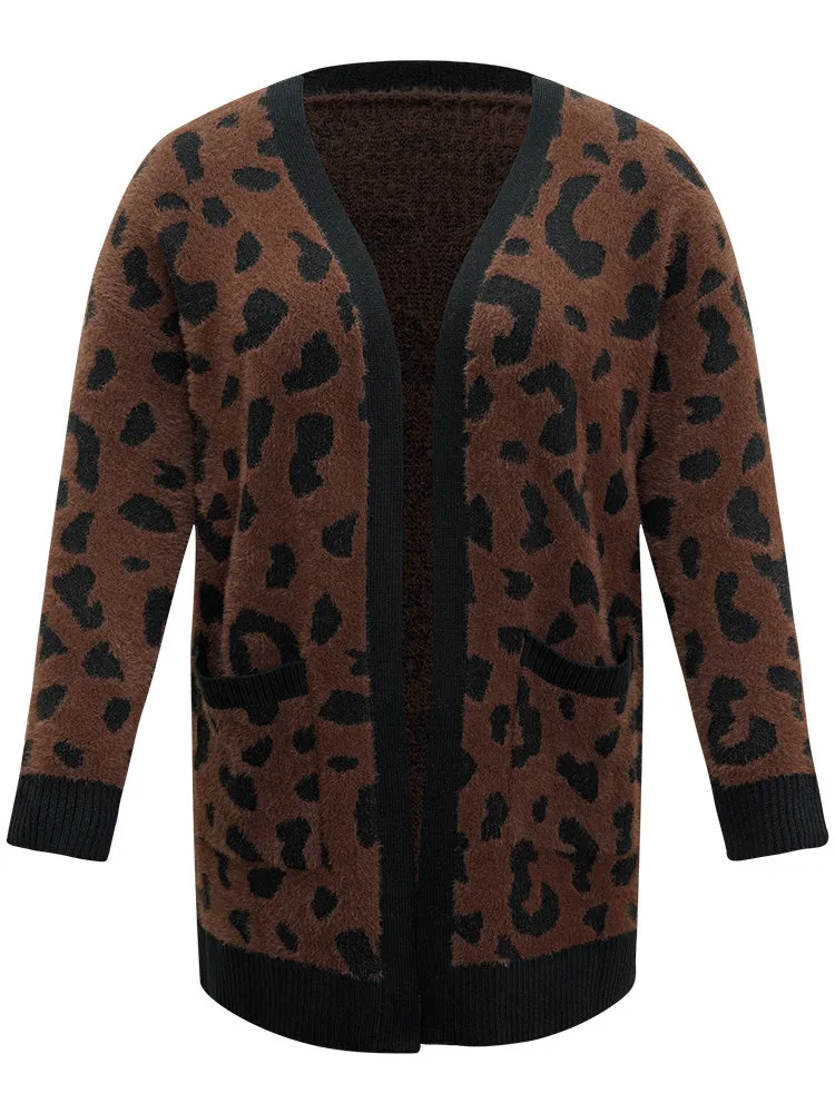 Leopard Contrast Open Front Jacquard Cardigan