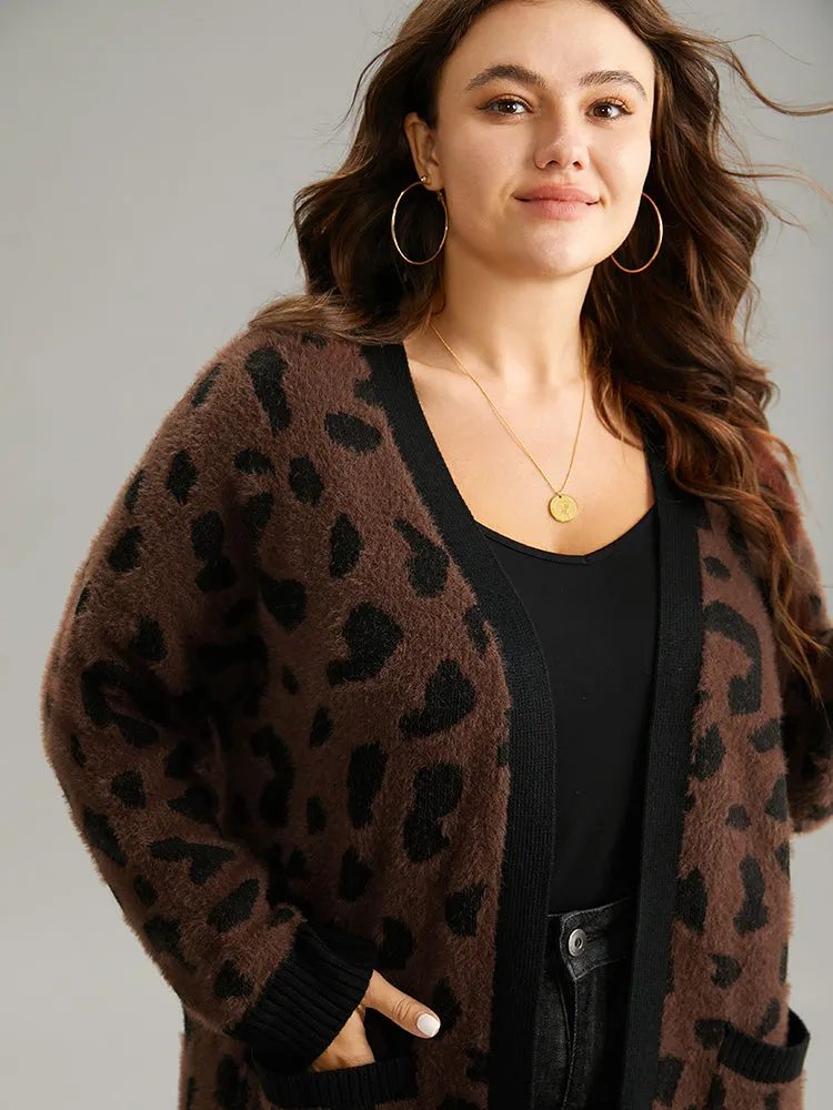 Leopard Contrast Open Front Jacquard Cardigan