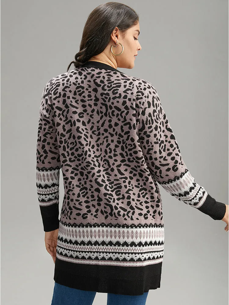 Leopard Print Pocket Contrast Trim Cardigan