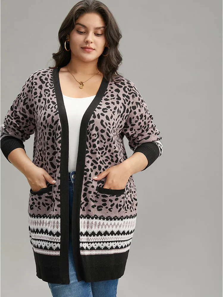 Leopard Print Pocket Contrast Trim Cardigan