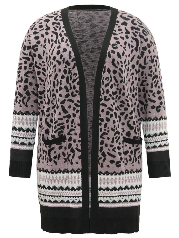 Leopard Print Pocket Contrast Trim Cardigan