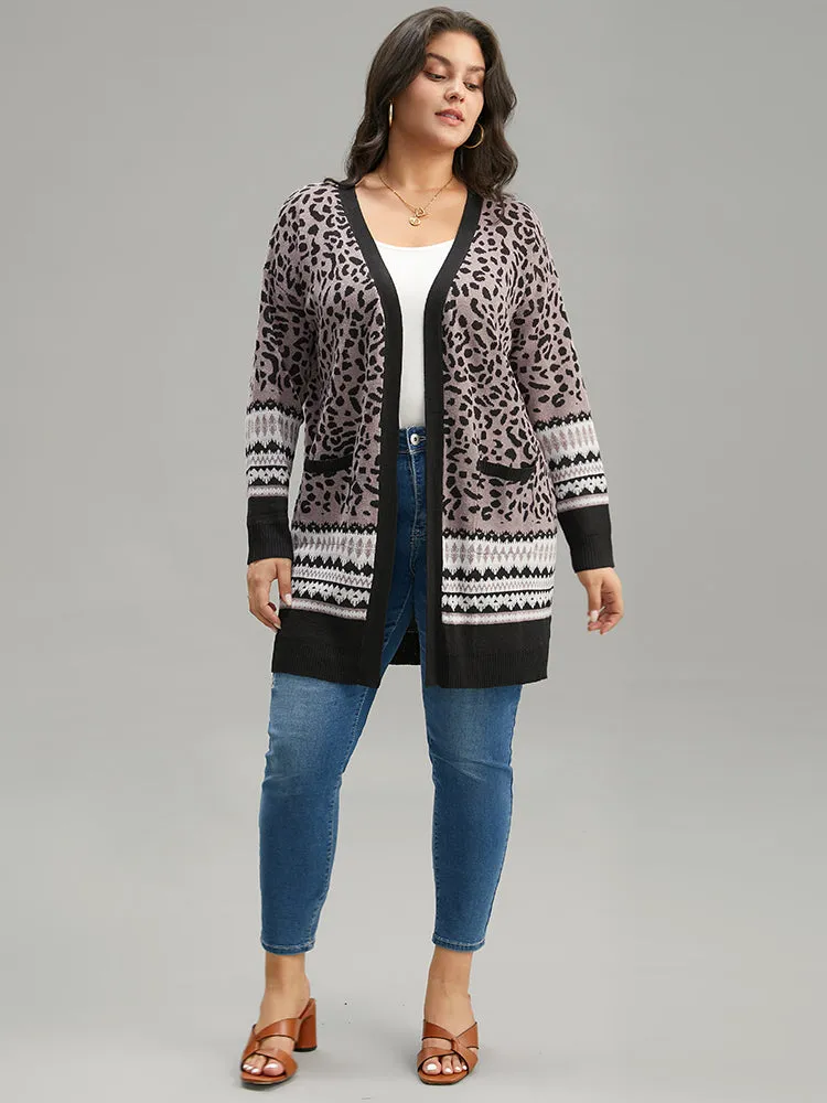 Leopard Print Pocket Contrast Trim Cardigan