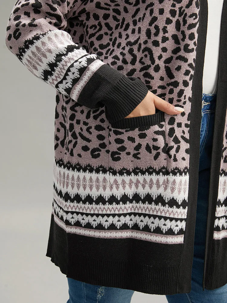 Leopard Print Pocket Contrast Trim Cardigan