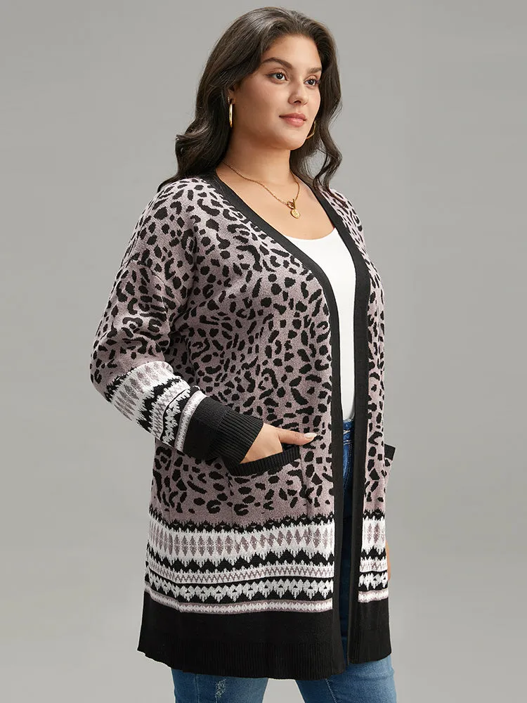 Leopard Print Pocket Contrast Trim Cardigan