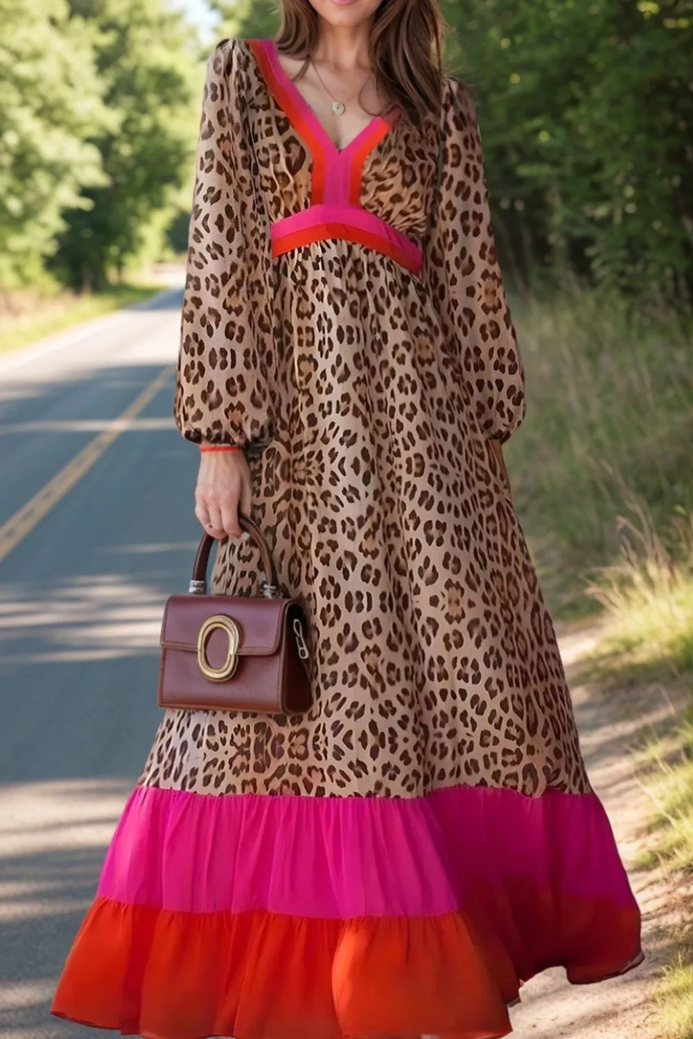 Leopard V-Neck Long Sleeve Maxi Beach Dress