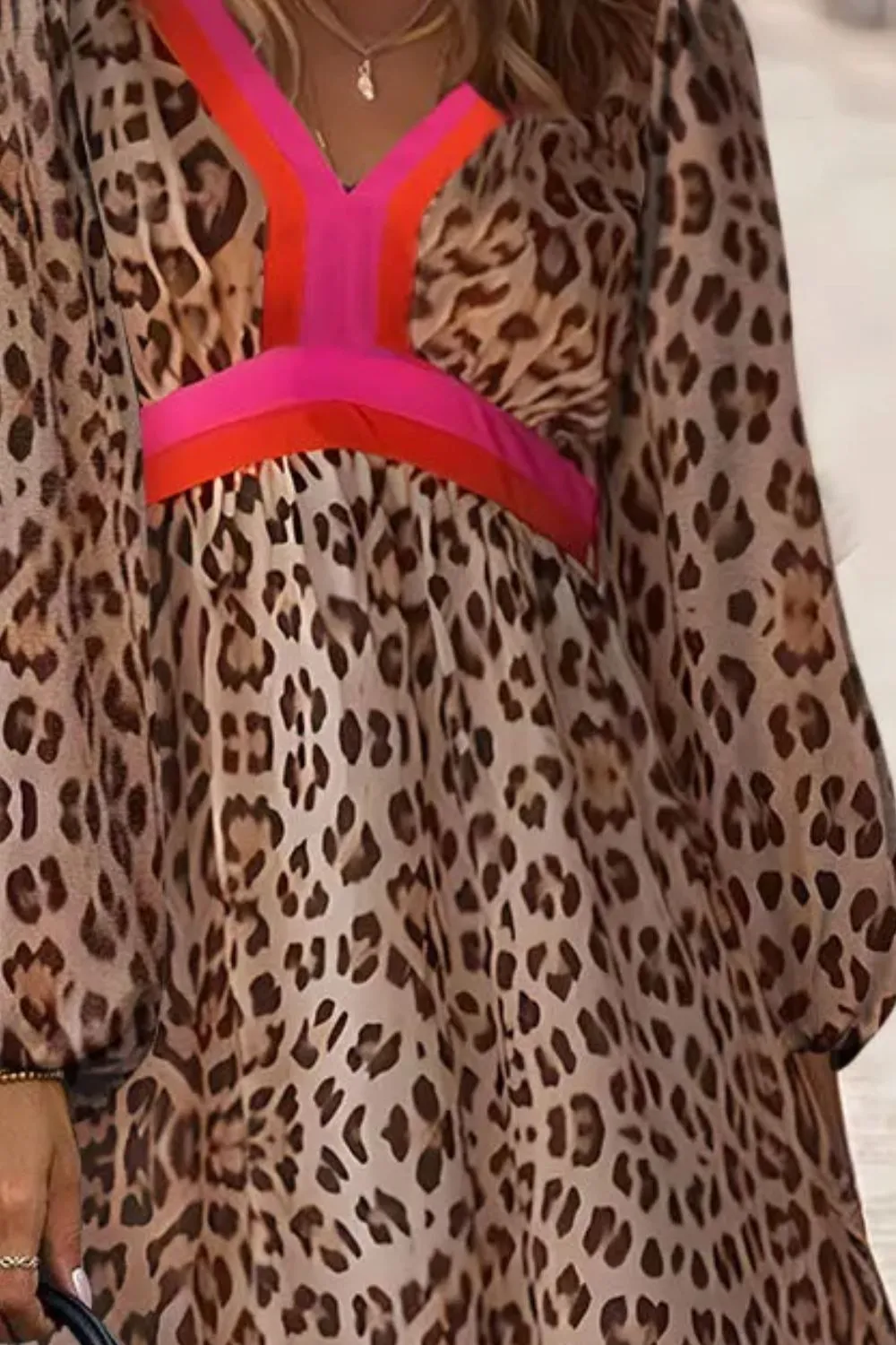 Leopard V-Neck Long Sleeve Maxi Beach Dress