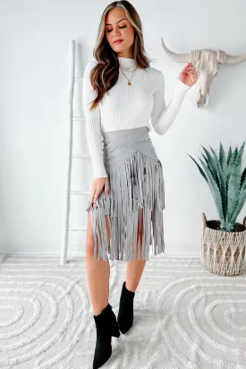 Living So Free Faux Suede Fringe Skirt (Grey)