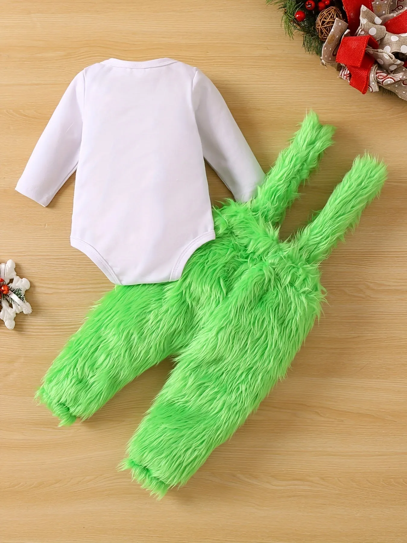 Long Sleeve Romper Green Fuzzy Suspender Pants Set