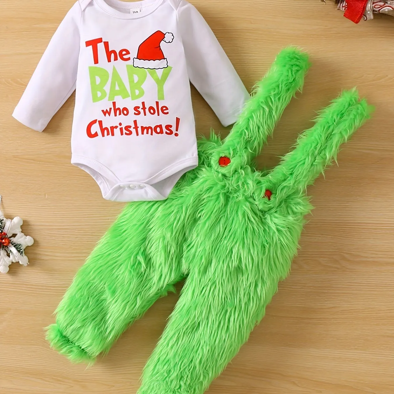 Long Sleeve Romper Green Fuzzy Suspender Pants Set