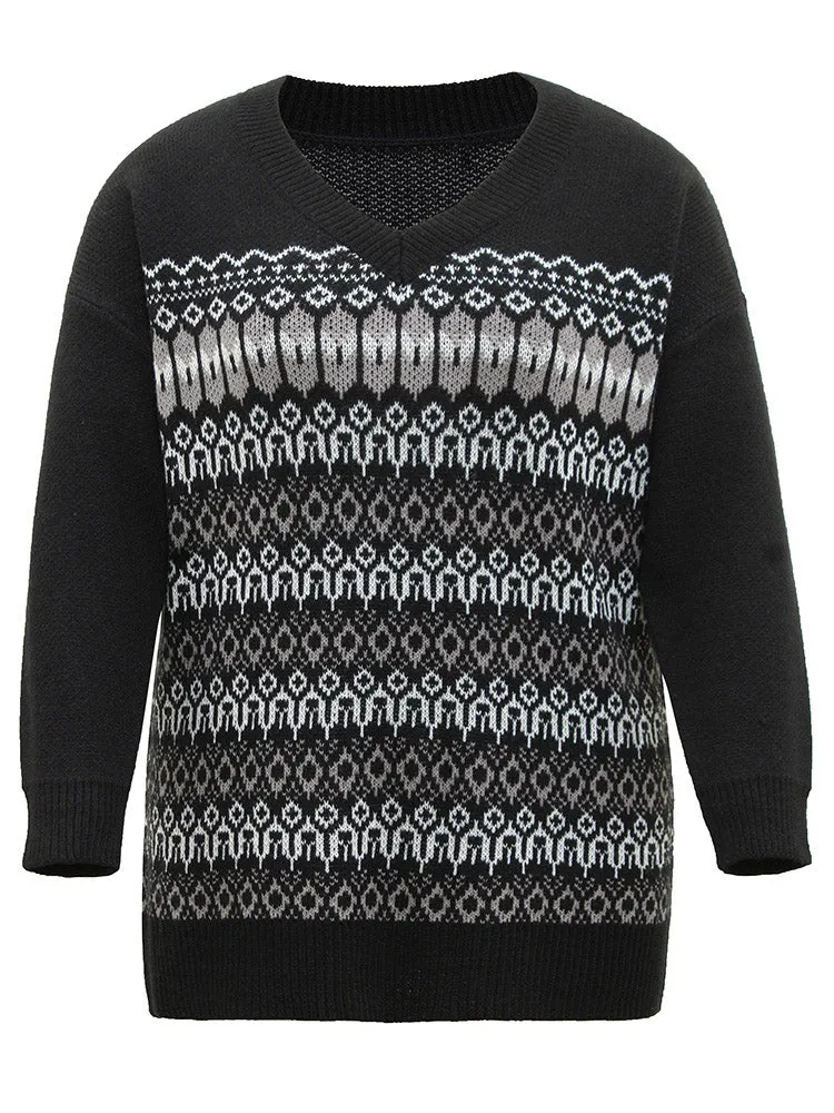 Loose V Neck Geometric Print Jacquard Pullover