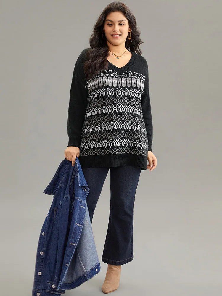 Loose V Neck Geometric Print Jacquard Pullover