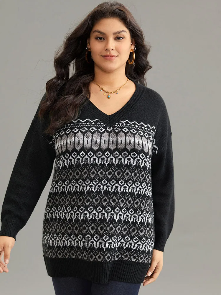 Loose V Neck Geometric Print Jacquard Pullover