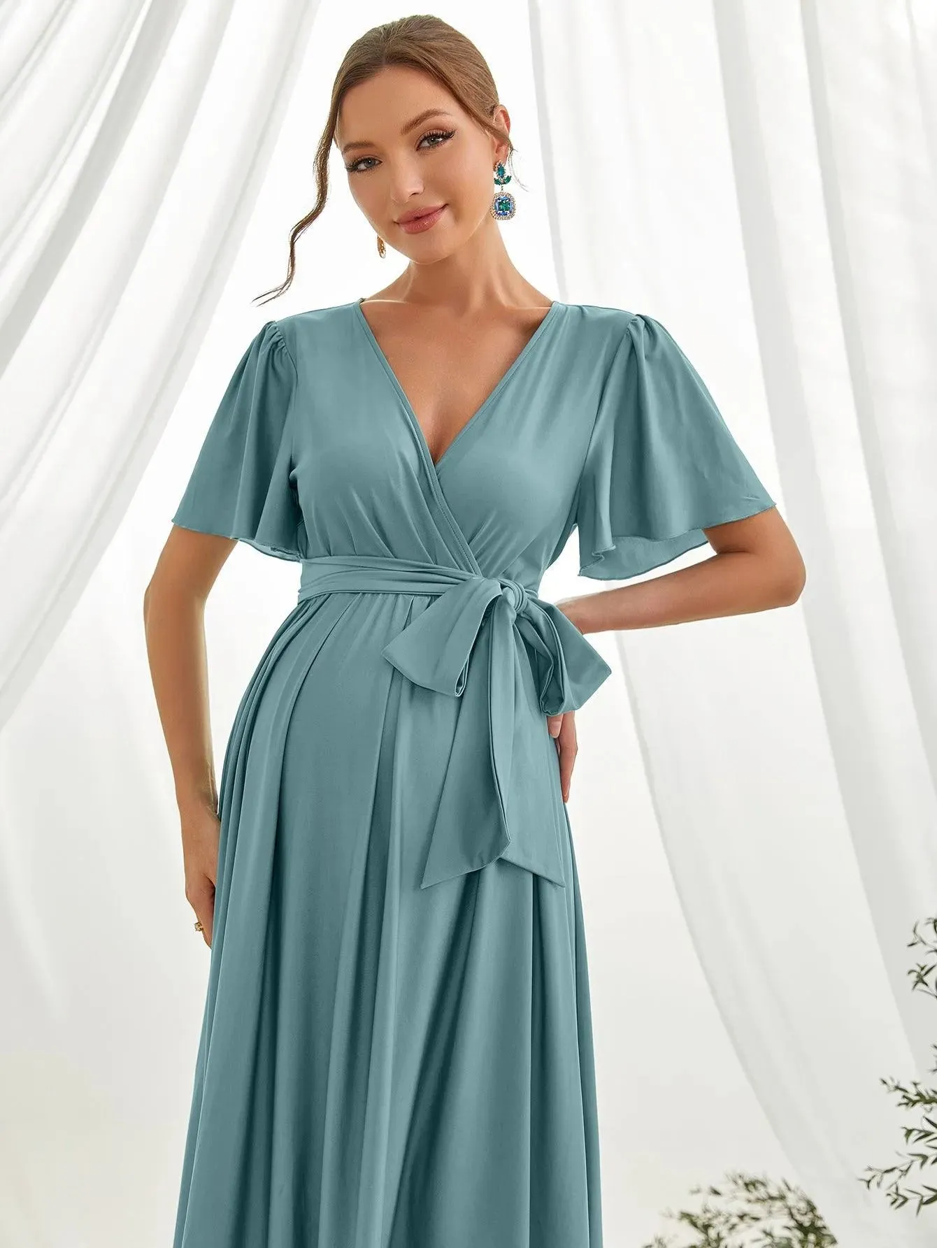 Maternity Surplice Neck Butterfly Sleeve Belted Dress