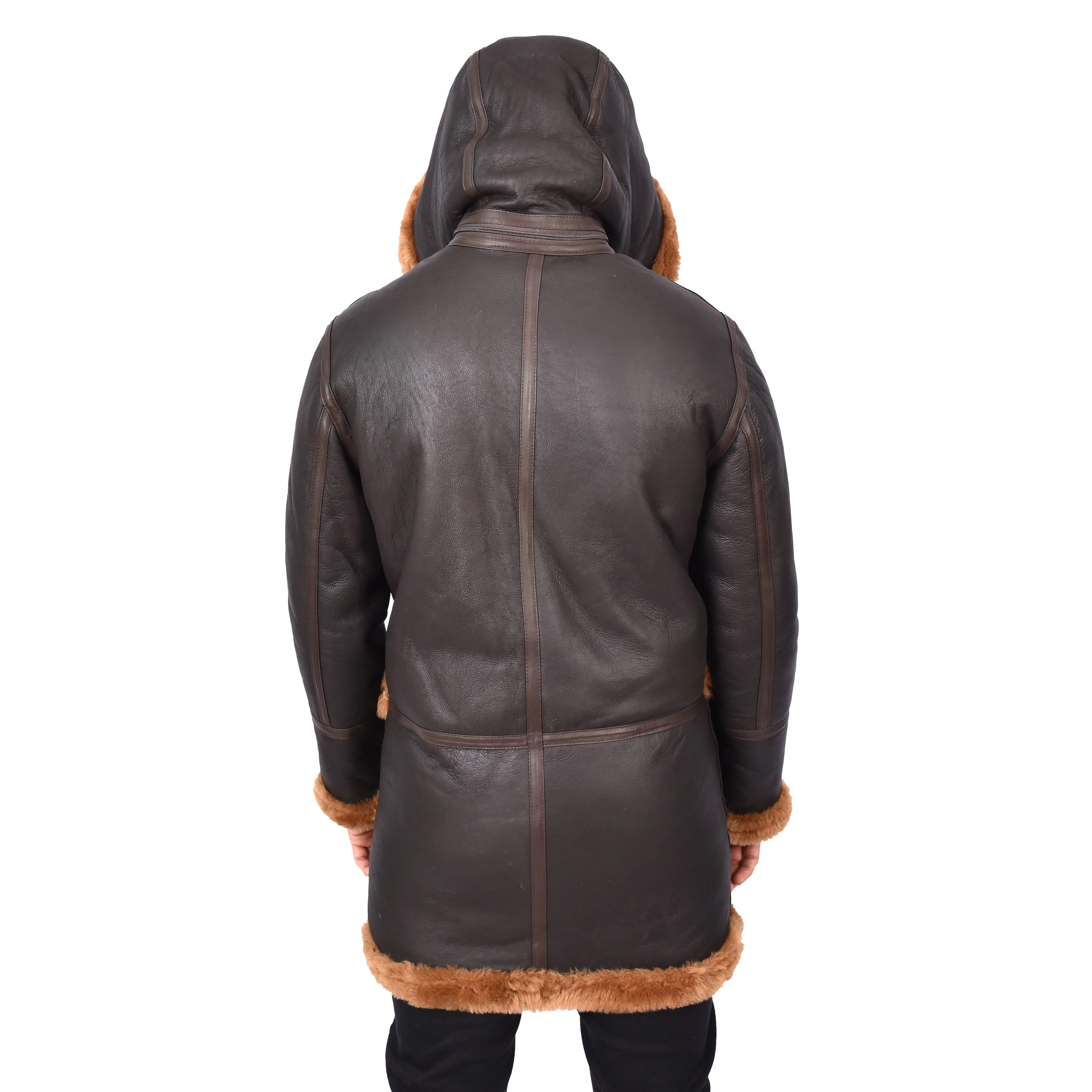 Mens Winter Sheepskin Hooded Duffel Coat ¾ Length Shearling Ronald Brown