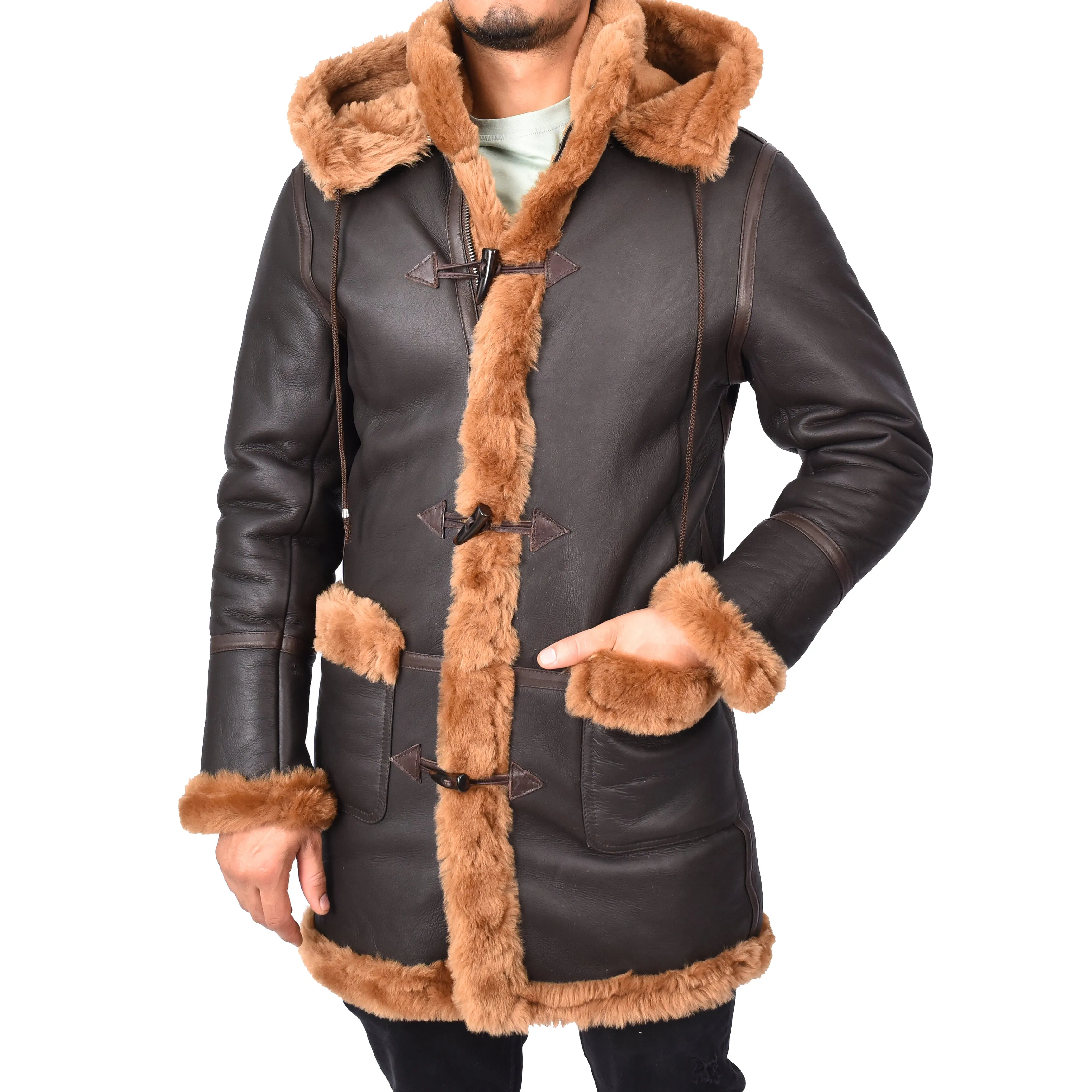 Mens Winter Sheepskin Hooded Duffel Coat ¾ Length Shearling Ronald Brown